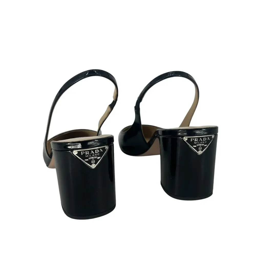 Prada Triangle‎ Logo Patent Leather Slingback Pumps Black 40